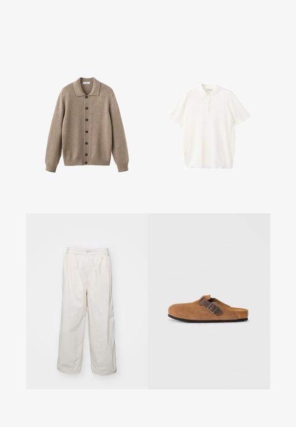 Beige gebreid vest met een kraag, knoopsluiting aan de voorkant, geribbelde boorden en zoom. Voorzien van zes donkere knopen en een gestructureerde stof.; Wit poloshirt met korte mouwen, een kraag en drie knopen aan de voorkant, weergegeven tegen een effen witte achtergrond.; Witte katoenen wijde broek met een elastische tailleband, voorzien van een knoopsluiting aan de voorkant en zijzakken. Gladde textuur en minimalistisch ontwerp.; Bruine suede klompen met een verstelbare bruine leren band en zilveren gesp, voorzien van een gevormde kurken voetbed en een gestructureerde rubberen zool.