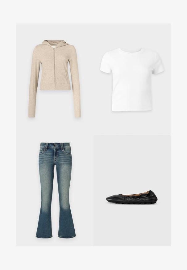 Sweat à capuche beige avec fermeture éclair, poche avant, manches longues et texture douce. Comprend une capuche ainsi que des poignets et un bas côtelés.; T-shirt blanc uni à manches courtes et col rond sur fond gris clair, présenté à plat face vers l’avant.; Jeans en denim bleu moyen avec un léger délavage au niveau des cuisses et des jambes évasées, présentant des poches avant, des passants de ceinture et une fermeture à double bouton.; Ballerines en cuir noir avec des détails froncés au col, bout rond et semelle en caoutchouc flexible. Texture lisse dans l'ensemble.