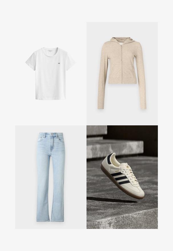 Sweat à capuche beige avec fermeture éclair, poche avant, manches longues et texture douce. Comprend une capuche ainsi que des poignets et un bas côtelés.; T-shirt blanc à manches courtes et col rond avec un petit logo foncé sur la poitrine gauche, présenté sur un fond blanc uni.; Jean bleu clair taille haute avec fermeture par bouton et fermeture éclair, poches avant et arrière, et coupe légèrement évasée.; Baskets blanches Adidas Samba avec des bandes noires et une semelle en gomme, flottant au-dessus de marches en béton gris texturé.