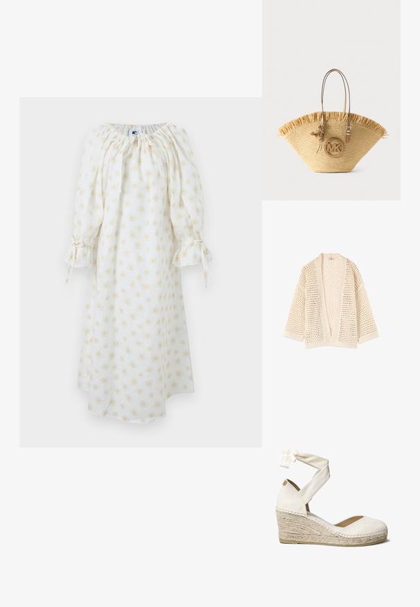 Beige open voorzijde gebreide cardigan met los geweven patroon en driekwart mouwen, ontworpen voor een ontspannen pasvorm.; Witte midi-jurk met lange mouwen, geplooide halslijn, trekkoord manchetten en gele madeliefjes bloemenprint.; Witte canvas wedge schoen met enkelbandje, jute-wrapped hak, ronde neus en een gebreide stoffen bovenkant. De wedge heeft een hoogte van ongeveer 7 cm.; Grote geweven strooien tas met lichtbruine leren handvatten, franjes aan de bovenkant en een ronde MK-logo hanger aan de voorkant.