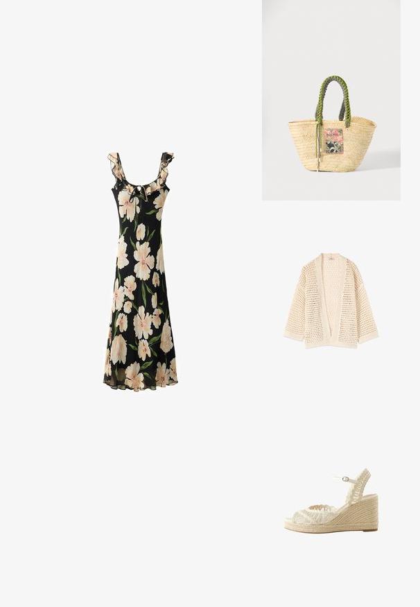 Beige åben-front strikket cardigan med løs vævet mønster og tre-kvart ærmer, designet til en afslappet pasform.; Sort blomsterkjole med store lyserøde blomster, flæsekant ved halsudskæringen, justerbart bånd og et flydende, gennemsigtigt stofdesign.; Beige vævet kile-sandal med åben tå, ankelrem og flettet plateau hæl.; Vævet beige stråtaske med flettede grønne og sorte håndtag og en farverig rektangulær lap foran.