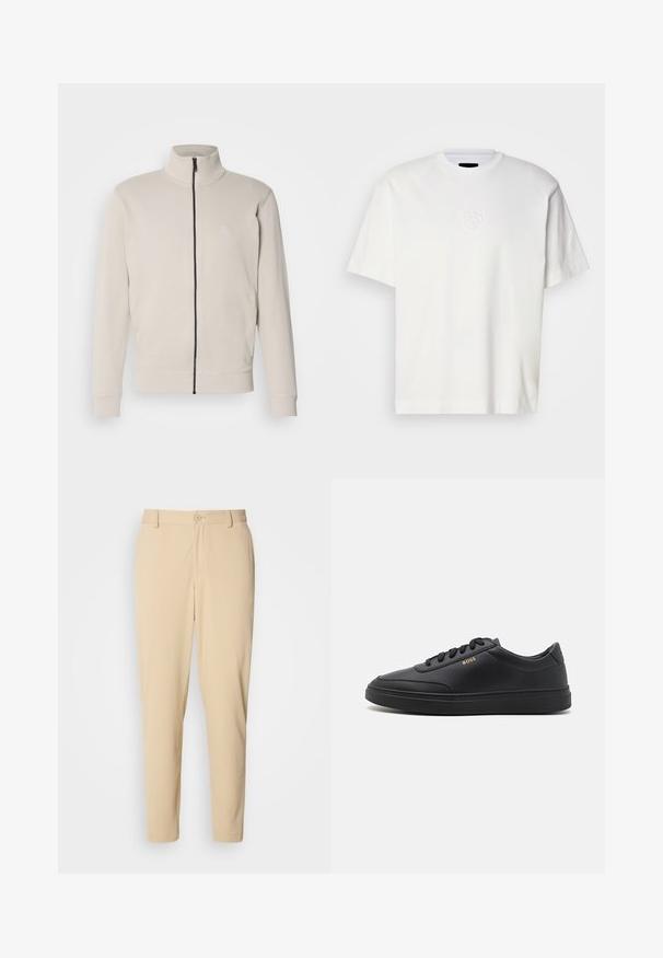 Lys beige zip-jakke med høj krave, ribbede manchetter og et lille logo på brystet. Blødt stof og strømlinet design.; Hvid bomulds T-shirt med rund hals, korte ærmer og præget cirkulært logo på venstre bryst. Glat tekstur og normale pasform.; Beige bukser med struktur i slim fit, med knaplukning foran, bæltestropper og sidelommer. Glat stoffinish.; Sorte lædersneakers med en glat overflade, rund tå, flad gummisål og tonede snørebånd. Udstyret med guld "BOSS" branding på siden.