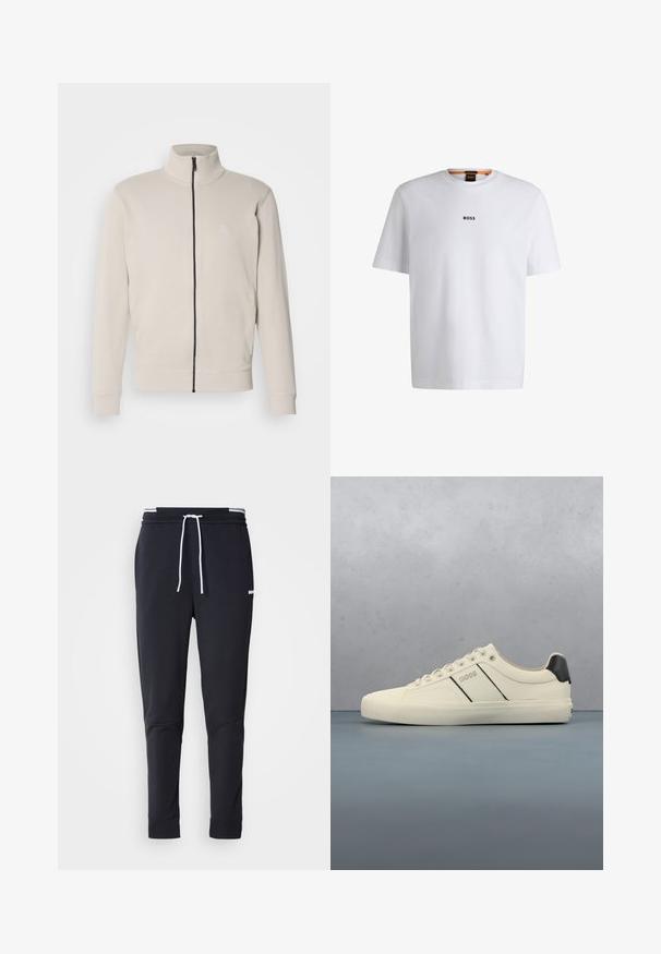 Lys beige zip-jakke med høj krave, ribbede manchetter og et lille logo på brystet. Blødt stof og strømlinet design.; Hvid bomuld T-shirt med korte ærmer, med et sort "BOSS" logo centreret på brystet og en rund halsudskæring.; Sorte slim-fit joggingbukser med hvid snor, elastisk talje med hvide striber og lille hvidt logo på den øverste lår.; Cremefarvede sneakers med en glat tekstur, der har sorte accenter og branding. Klassisk snørebåndsdesign med rund tå og gummisål.
