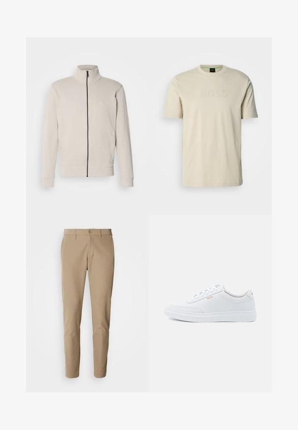 Lichtbeige zip-up jack met een hoge kraag, ribgebreide manchetten en een klein logo op de borst. Zacht materiaal en gestroomlijnd ontwerp.; Roomkleurig T-shirt gemaakt van katoen, met een ronde hals en korte mouwen. Het "BOSS"-logo is op de voorkant in reliëf aangebracht. Gladde textuur.; Beige broek van gladde stof met een rechte snit, voorzien van een knoopsluiting en voorzakken, en inclusief riemlussen.; Witte leren sneakers met een gladde textuur, ronde neus en tonale stiksels. Voorzien van blauwe veters en een gouden logo op de zijkant.