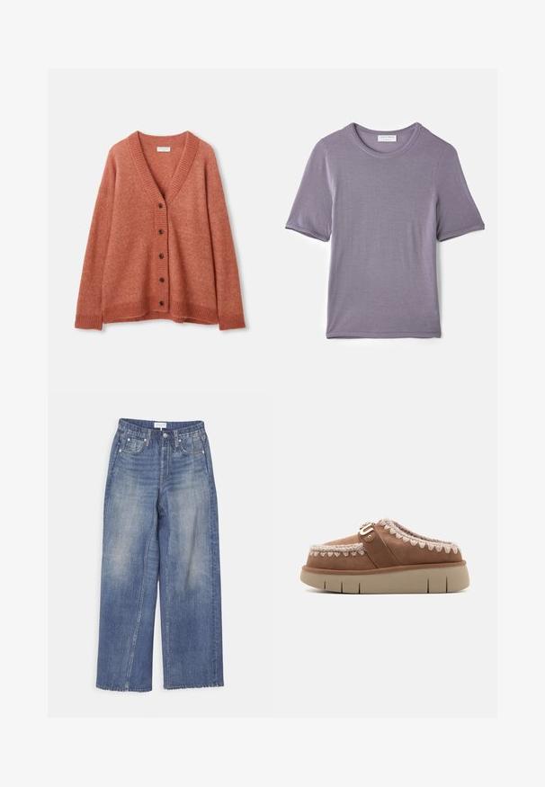 Rostrød uld cardigan med V-hals, fem mørke knapper foran, ribbede manchetter, kant og halsudskæring.; Lilla kortærmet t-shirt lavet af blødt stof, med en rund hals og en lige kant, med en glat tekstur og uden synlige mønstre.; Bredde ben blå denim jeans med en falmet finish, knaplukning, bæltestropper og to forlommer. Slidt kant tilføjer teksturdetalje.; Brun ruskind slip-on sko med en beige gummisål, kontrasterende flettet detalje på toppen og en dekorativ spændeaccent.