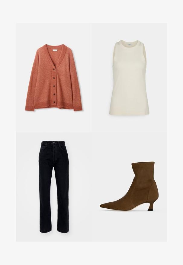Rostrød uld cardigan med V-hals, fem mørke knapper foran, ribbede manchetter, kant og halsudskæring.; IVY OAK KLARA ANN - Top - almond milk; Sorte denim jeans med høj talje og lige ben, der har fem lommer, bæltestropper og en knaplukning i taljen.; Brun ankelstøvle med spids tå og lav kitten hæl, lavet af glat materiale, vist mod en ensfarvet baggrund.