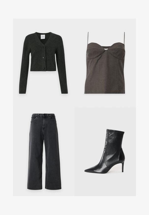Cardigan cropped à manches longues gris foncé avec un décolleté en V et trois boutons noirs sur le devant.; Haut bustier gris foncé sans bretelles avec fines bretelles spaghetti et détails subtils de coutures sur fond blanc.; Jean en denim large noir avec bouton et fermeture éclair à l'avant, passants de ceinture et poches avant sur un fond blanc uni.; Bottes noires à la cheville en cuir lisse, dotées d'un bout pointu, d'un tige ajustée et d'un talon haut fin. Design minimaliste sans quincaillerie visible.