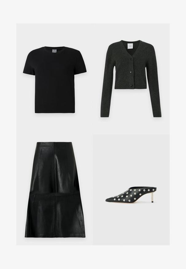 Cárdigan corto de manga larga en gris oscuro con escote en V y tres botones negros en la parte delantera.; Camiseta de algodón negra con cuello redondo y mangas cortas. Diseño sencillo, sin patrones ni acentos, con un corte recto en la cintura.; Falda de cuero negra hasta la rodilla con costuras de paneles verticales y horizontales, ligeramente acampanada en la parte inferior.; STAND STUDIO KELSEY - Mules de tacón - black