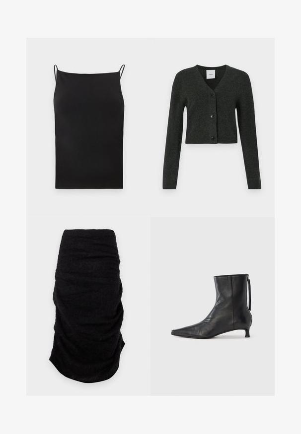 Cardigan cropped à manches longues gris foncé avec un décolleté en V et trois boutons noirs sur le devant.; Débardeur noir côtelé avec fines bretelles spaghetti et encolure droite, présenté sur un fond blanc uni.; Jupe crayon noire taille haute avec des détails en tissu froncé, fabriquée dans un matériau doux et texturé, présentée à plat sur un fond blanc.; Bottine en cuir noir à bout pointu, forme structurée et petit talon. Dispose d'une fermeture éclair latérale et d'un design minimaliste.