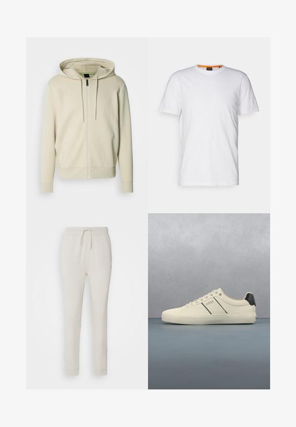 Lichtbeige zip-up hoodie met een capuchon met trekkoord, geribbelde manchetten en zoom, met een minimalistisch logo op de borst. Glad stoffen textuur.; Witte katoenen T-shirt met ronde hals, korte mouwen en een subtiel reliëflogo op de borst. Het binnenlabel heeft een oranje accent.; Lichtbeige sweatpants van zacht, gemêleerd materiaal. Heeft een tailleband met trekkoord, geribbelde manchetten en zijzakken. Getailleerde pasvorm.; Crème-kleurige sneakers met een gladde textuur, voorzien van zwarte accenten en branding. Tijdloos vetersysteem met een ronde neus en rubberen zool.
