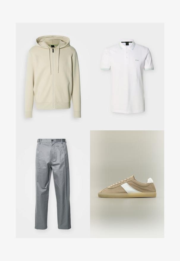 Sudadera con cremallera color beige claro, capucha con cordón ajustable, puños y dobladillo acanalados, con un logo minimalista en el pecho. Textura de tela suave.; Polo blanca de algodón con tapeta de tres botones, cuello y puños de las mangas con rayas verde pálido, y logo bordado en el pecho.; Pantalones de algodón gris con un diseño de pierna recta, que cuentan con un cierre de botón en la parte delantera, presillas para el cinturón y bolsillos laterales.; Deportiva de ante marrón claro con suela beige, lengüeta trasera blanca, raya lateral blanca y cierre de cordones sobre fondo neutro.
