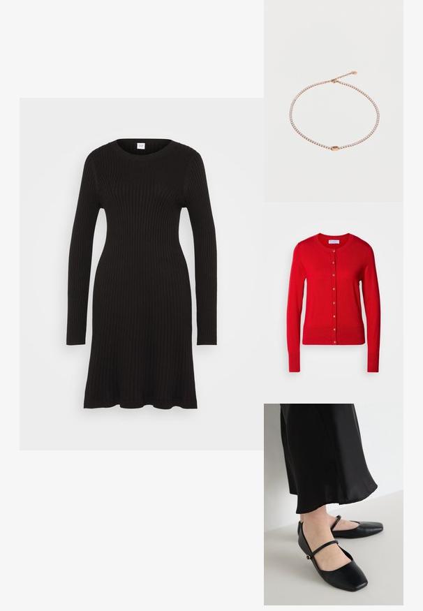 Punainen neulekortti, jossa on pyöreä kaula-aukko, napitus edessä ja ribbireunat. Ominaisuuksiin kuuluu sileä pinta ja metalliset napit.; GAP CREW NECK DRESS - Neulemekko - black; Mustat litteät kengät neliön muotoisella kärjellä, jotka on valmistettu sileästä nahasta. Kenkäparissa on yksi hihna jalan yli, jossa on pieni koristeellinen yksityiskohta.; Kultainen ketjukaulakoru, jossa on pieniä kirkkaita kristalleja ja säädettävä lukko yksivärisellä valkoisella taustalla.