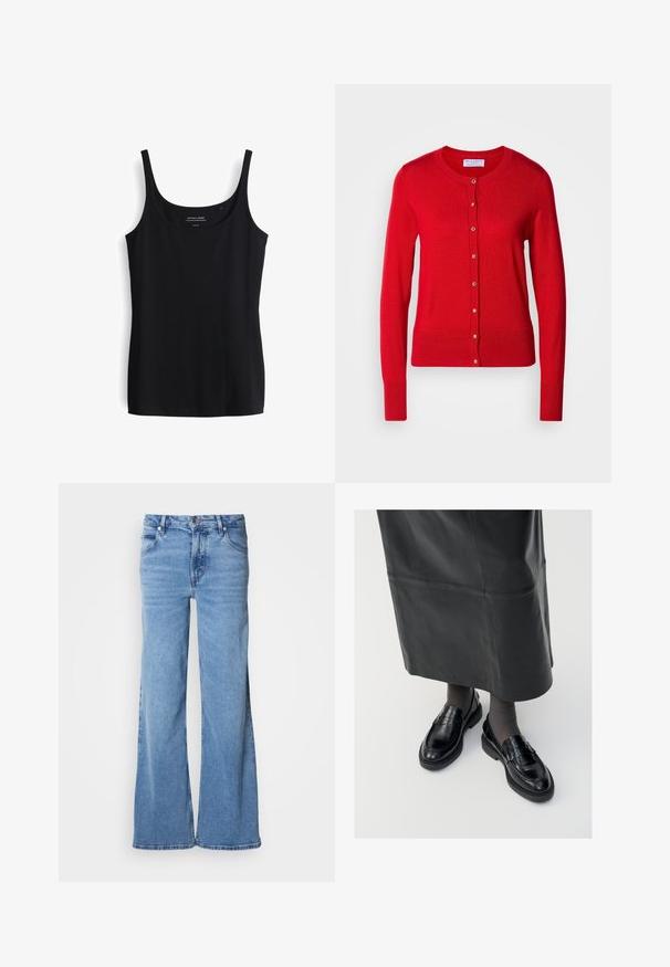 Rode gebreide cardigan met een ronde halslijn, knoopsluiting aan de voorkant en geribde manchetten. Beschikt over een gladde textuur en metalen knoopaccenten.; Zwarte tanktop met dunne bandjes, gemaakt van zacht, rekbaar materiaal. Heeft een eenvoudig, getailleerd ontwerp en een ronde halslijn.; Lichtblauwe jeans met wijde pijpen, gemaakt van denim. Voorzien van een klassiek ontwerp met vijf zakken en een zichtbare knoopsluiting. Zachte textuur en een eenvoudige afwerking.; Zwarte leren loafers met een gladde afwerking, voorzien van een decoratieve band, ronde neus en gestructureerde zool. Draagt met een lange zwarte leren rok.