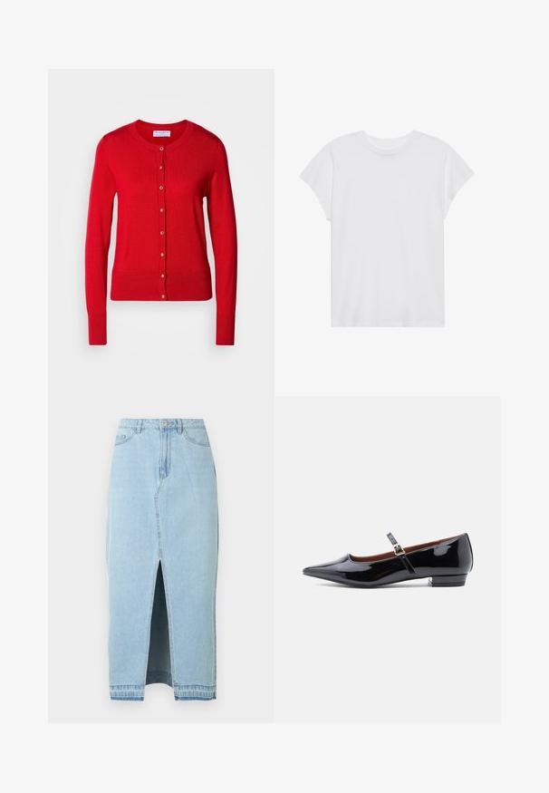 Cardigan en tricot rouge avec un col rond, fermeture à boutons sur le devant et poignets côtelés. Caractérisé par une texture lisse et des accents de boutons métalliques.; T-shirt blanc à manches courtes, col rond, coupe décontractée, en tissu de coton doux. Texture lisse, sans motifs ni logos.; Jupe en jean bleu clair avec une fente à l'avant et une ceinture. Comprend le design traditionnel à cinq poches et une fermeture à bouton en métal.; Escarpin Mary Jane en cuir verni noir avec bout pointu et petit talon, doté d'une sangle ajustable avec boucle dorée.