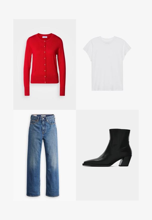 Cardigan en tricot rouge avec un col rond, fermeture à boutons sur le devant et poignets côtelés. Caractérisé par une texture lisse et des accents de boutons métalliques.; T-shirt blanc à manches courtes, col rond, coupe décontractée, en tissu de coton doux. Texture lisse, sans motifs ni logos.; Jean en denim bleu clair avec une taille haute, une coupe à jambes larges, un style classique à cinq poches et un léger délavage sur le tissu.; Bottine en cuir noir avec un bout pointu, une silhouette élégante et un talon carré massif. Texture lisse avec des détails de couture minimalistes.