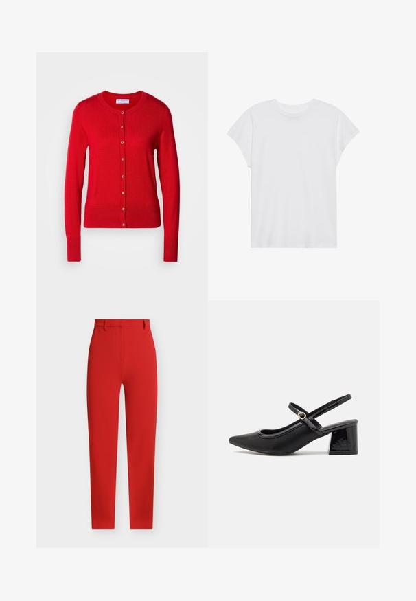 Cardigan en tricot rouge avec un col rond, fermeture à boutons sur le devant et poignets côtelés. Caractérisé par une texture lisse et des accents de boutons métalliques.; T-shirt blanc à manches courtes, col rond, coupe décontractée, en tissu de coton doux. Texture lisse, sans motifs ni logos.; Pantalon rouge sur mesure avec une texture lisse, coupe droite, passants pour ceinture et poches avant. Présente un design épuré et minimaliste.; Escarpins slingback en cuir verni noir avec un embout pointu, un design à découpes arrondies et un talon carré. Présente un accent de boucle en ton doré.