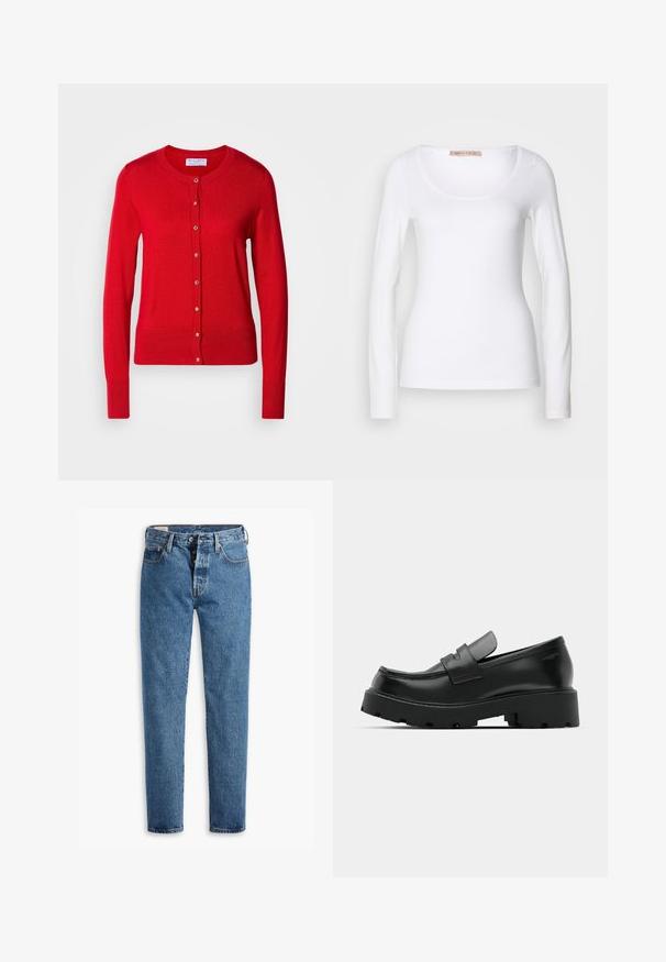 Rød strikket cardigan med rund halsudskæring, knaplukning foran og ribbede manchetter. Har en glat tekstur og metalliske knapdetaljer.; Langærmet hvid bomulds T-shirt med rund halsudskæring og tætsiddende design, med glat tekstur og uden udsmykninger.; Lysblå denimjeans med lige pasform, fem lommer og standard knaplukning. Har orange søm og en let falmet tekstur.; Sorte læder loafers med en chunky tekstureret sål, der har en rem over vamps og en glat, poleret finish.