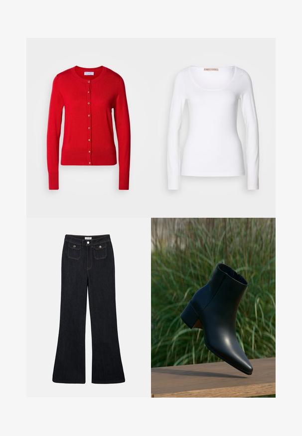 Rød strikket cardigan med rund halsudskæring, knaplukning foran og ribbede manchetter. Har en glat tekstur og metalliske knapdetaljer.; Langærmet hvid bomulds T-shirt med rund halsudskæring og tætsiddende design, med glat tekstur og uden udsmykninger.; Sorte denim jeans med høj talje, flared ben, to frontlommer og orange syninger. Materialet ser solidt og glat ud.; Sort læderankelstøvle med blokhæl, spids tå, vist over et trægulv med grøn sløret græs i baggrunden.