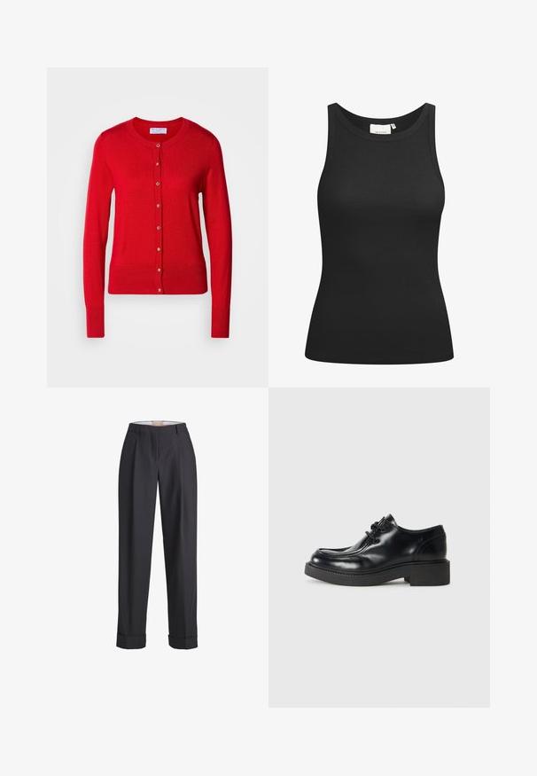Rød strikket cardigan med rund halsudskæring, knaplukning foran og ribbede manchetter. Har en glat tekstur og metalliske knapdetaljer.; Sort tanktop lavet af ribbet materiale, med en scooped halsudskæring og en tætsiddende form. Flade sømme og ingen udsmykninger. Enkel og strømlinet design.; Mørkegrå bukser lavet af et tekstureret stof, med høj talje, draperinger og oprullede manchetter ved sømmene.; Sorte læder oxford sko med rund tå, snørebåndsdesign og en tykk sort gummisål. Glat tekstur og minimale syninger.