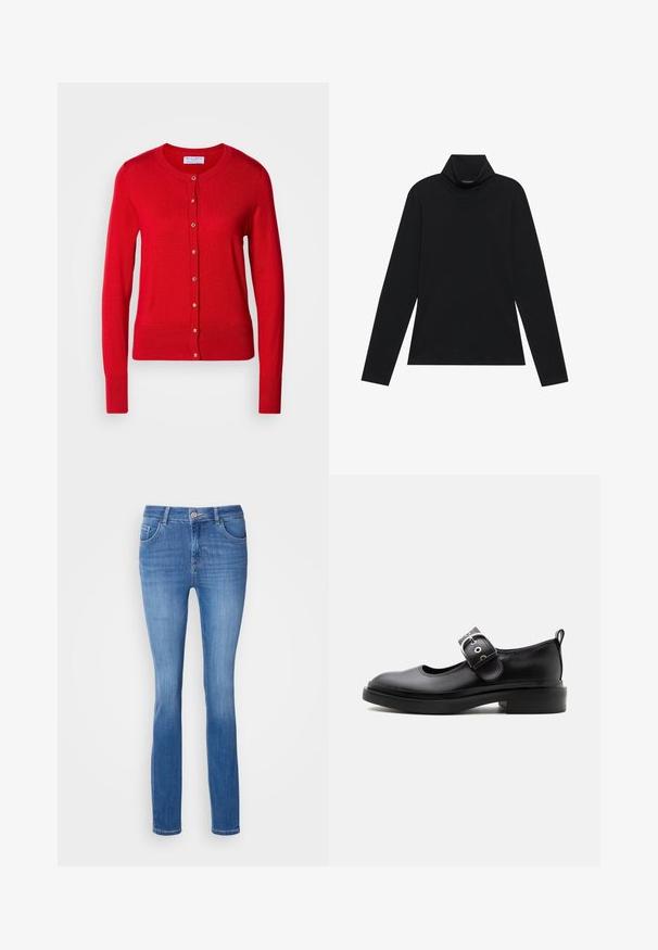 Cardigan en tricot rouge avec un col rond, fermeture à boutons sur le devant et poignets côtelés. Caractérisé par une texture lisse et des accents de boutons métalliques.; Turtleneck à manches longues noir. Tissu doux, design près du corps, col montant et coutures latérales. Style simple et polyvalent, idéal pour le superposition.; Jean en denim bleu avec une coupe slim, cinq poches et un motif légèrement délavé. Fabriqué à partir d'un tissu doux et extensible, avec une fermeture à bouton standard.; Chaussure Mary Jane en cuir noir avec une semelle épaisse, un bout arrondi, une bride à boucle argentée et un languette à l’arrière.