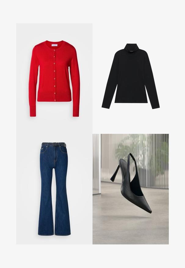 Rød strikket cardigan med rund halsudskæring, knaplukning foran og ribbede manchetter. Har en glat tekstur og metalliske knapdetaljer.; Sort turtleneck med lange ærmer. Blødt stof, tætsiddende design, høj krave og sidesøm. Simpel og alsidig stil, der er velegnet til lag-på-lag.; Blå denim flared jeans med høj talje, kontraststing og et vævet bælte med flettet design. Glat tekstur og klassisk stil.; Sort læder slingback stilet hælsko med spids tå, svævende over en glat beton gulv og vertikal metal panel baggrund.