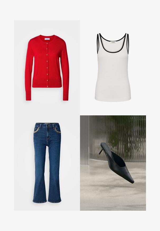 Rød strikket cardigan med rund halsudskæring, knaplukning foran og ribbede manchetter. Har en glat tekstur og metalliske knapdetaljer.; Hvid ærmeløs tanktop med sort kant ved hals og ærmegab, med et lille mærke med mærkenavnet på bagsiden.; Mørkeblå brede jeans med en glat denimoverflade, kontrasterende gyldne syninger og forlommer. Klassisk fem-lomme design.; Sort mule sko med spids tå og tynd høj hæl, der svæver over en glat beton gulv med en sløret baggrund med lodrette striber.