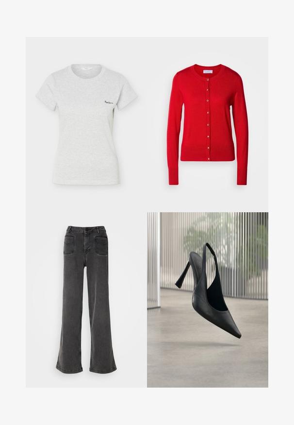 Cárdigan de punto rojo con cuello redondo, cierre frontal de botones y puños acanalados. Presenta una textura suave y acentos de botones metálicos.; Camiseta de manga corta de color gris claro con tejido acanalado, cuello redondo y pequeño logo negro de "Pepe Jeans" en el lado izquierdo del pecho.; Jeans negros de tiro alto y pierna ancha, hechos de denim, con cierre de botones, presillas para cinturón y dos bolsillos traseros con detalles de costura.; Zapato de tacón stiletto con tira trasera de cuero negro y punta puntiaguda, flotando sobre un suelo de hormigón liso y fondo de panel metálico vertical.