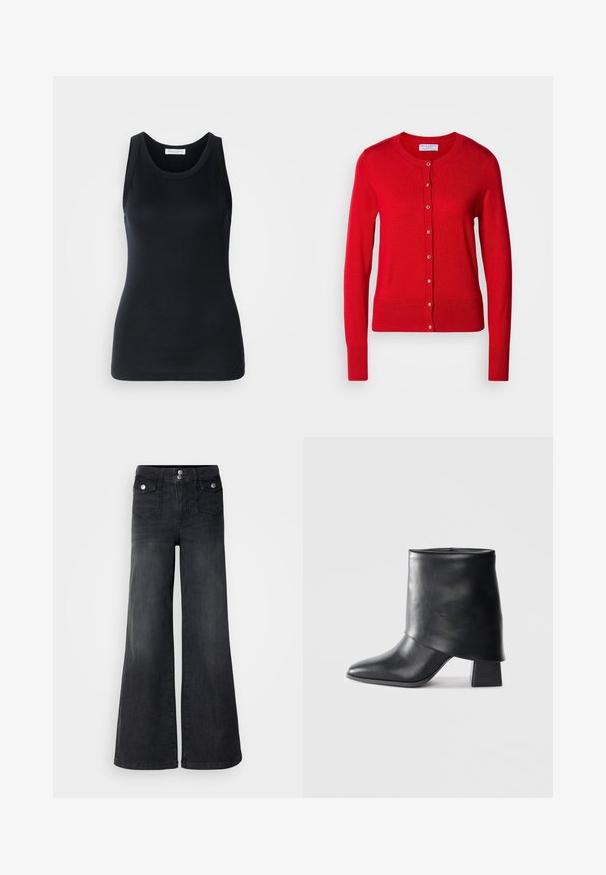 Cardigan en tricot rouge avec un col rond, fermeture à boutons sur le devant et poignets côtelés. Caractérisé par une texture lisse et des accents de boutons métalliques.; Débardeur noir en tissu doux et extensible. Il dispose d'un col rond et de larges bretelles, avec une silhouette ajustée et une texture lisse.; Jean large en denim noir avec taille haute, boutons sur le devant et deux poches avant ; texture lisse avec une légère finition décolorée.; Bottine en cuir noir à bout pointu, texture lisse et talon bloc structuré. Elle se distingue par un design de revers haut et plié.