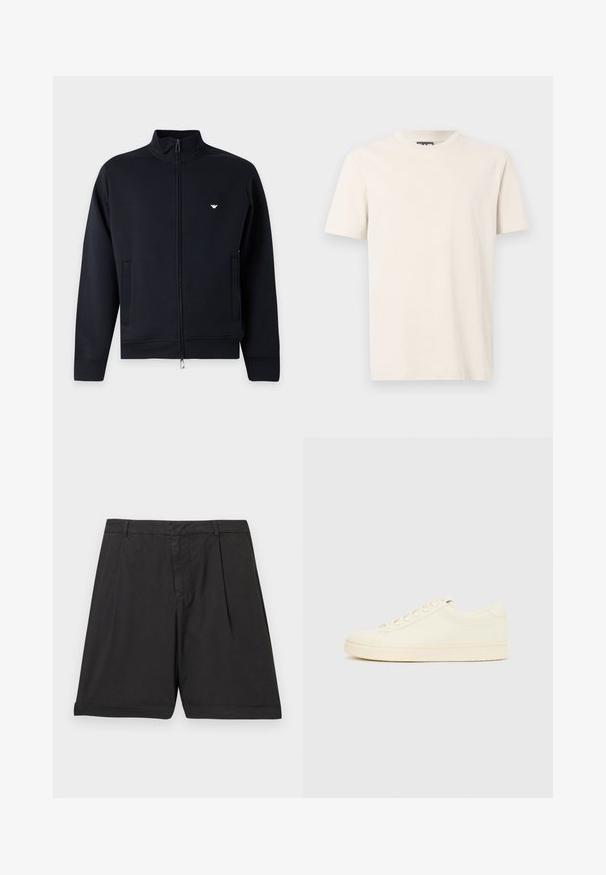 Veste noire à manches longues avec fermeture éclair, col montant, deux poches avant et petit logo blanc sur la poitrine gauche.; T-shirt blanc cassé à manches courtes avec col rond, arborant un logo discret en relief "EA7 Emporio Armani" sur la poitrine, présenté sur un fond uni.; Shorts en coton noir à coupe droite, avec plis avant, ceinture et ourlet retroussé. La texture est lisse et le tissu semble léger.; Baskets couleur crème avec une tige en cuir lisse, bout arrondi, laçage à l'avant et semelle en caoutchouc texturée. Design minimaliste, sans logo.