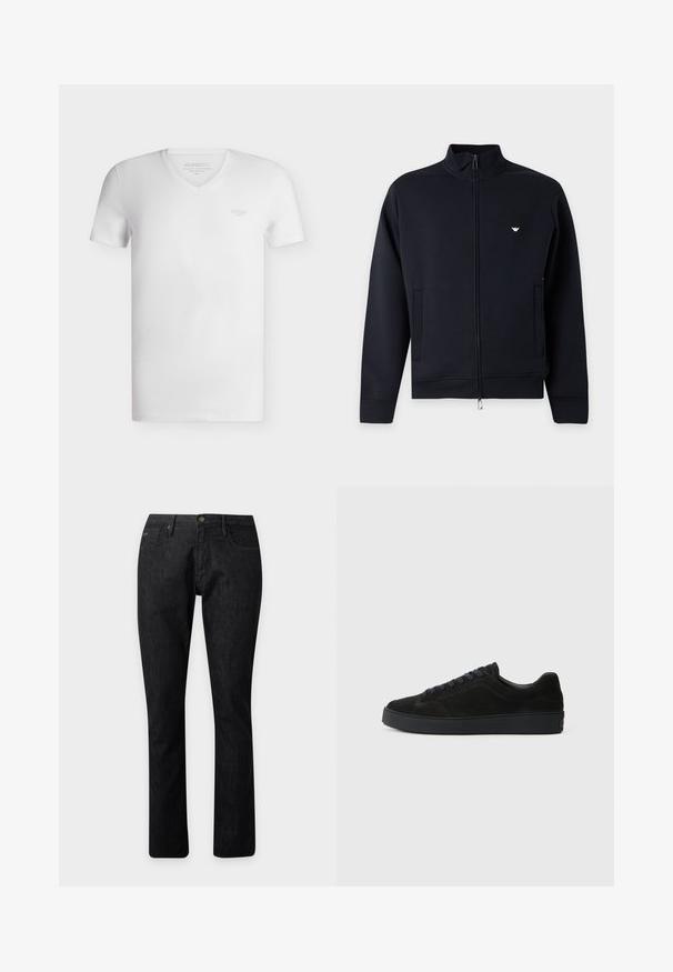 Veste noire à manches longues avec fermeture éclair, col montant, deux poches avant et petit logo blanc sur la poitrine gauche.; T-shirt blanc pour homme à manches courtes avec col en V et petit logo « GUESS » sur la poitrine gauche, présenté sur un fond clair uni.; Jean droit en denim noir avec fermeture avant par bouton et zip, passants de ceinture et design à cinq poches.; Basket en suède noire avec une semelle plate et texturée, un bout rond, six œillets pour les lacets et un design minimaliste.