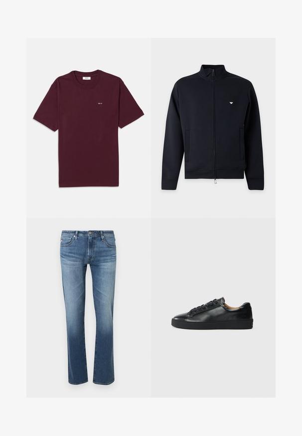 Veste noire à manches longues avec fermeture éclair, col montant, deux poches avant et petit logo blanc sur la poitrine gauche.; T-shirt en coton bordeaux avec col rond, manches courtes et un petit logo blanc "NN. 07" sur la poitrine. Texture lisse, coupe standard.; Jean bleu délavé pour homme, coupe droite, avec fermeture à boutons et zip à l'avant, poches avant et arrière, présenté sur fond blanc.; Baskets en cuir noir avec une texture lisse, bout rond et fermeture à lacets. Comprend une semelle en caoutchouc épaisse et un minimum de détails de marque.