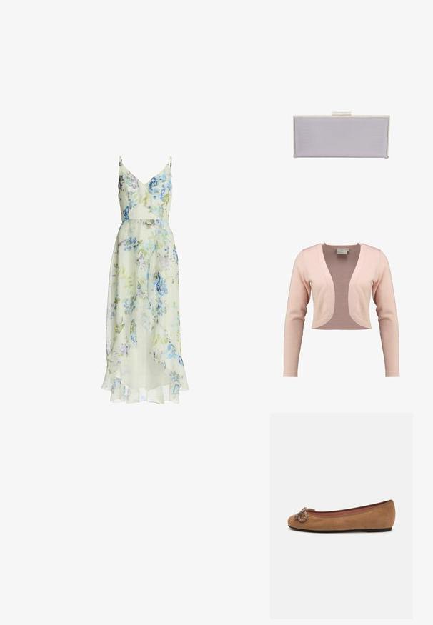 Geknipt vest in zachte roze brei, met een diepe V-hals en lange mouwen, met een gladde textuur en lichtgewicht ontwerp.; Bloemen midi-jurk, lichte stof, groenachtig-gele basis met blauwe en paarse bloemen, gerimpelde halslijn en zoom, verstelbare spaghetti bandjes.; Bruine suède ballerina's met een ronde neus, voorzien van een decoratieve touwknopen aan de voorkant en een vlakke zool.; Rechthoekige lavendelkleurige clutch van textuurmateriaal met gladde randen. Voorzien van een zilveren klapsluiting aan de bovenkant.
