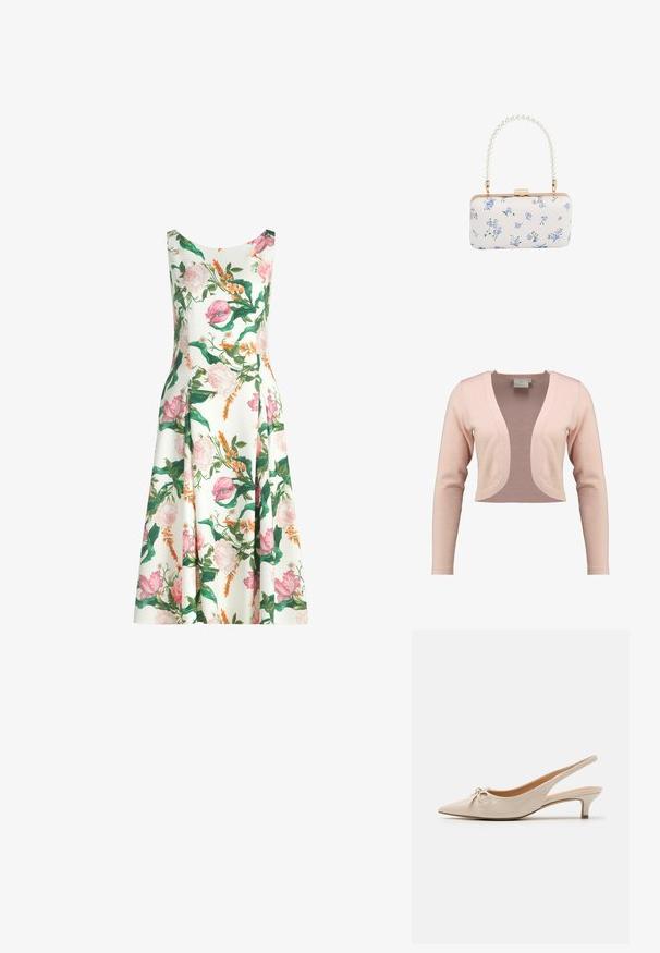 Geknipt vest in zachte roze brei, met een diepe V-hals en lange mouwen, met een gladde textuur en lichtgewicht ontwerp.; Mouwloze witte midi-jurk met roze, oranje en groene bloemenprint en een licht uitlopende rok.; Beige gepatineerde lederen slingback hakken met een spitse neus en een decoratieve strik op de wreef. Voorzien van een lage, slanke hak en een gladde textuur.; Witte rechthoekige clutch met blauw bloemenpatroon en een handvat van parelkralen met hardware in goudtint en een sluiting met klemsluiting.