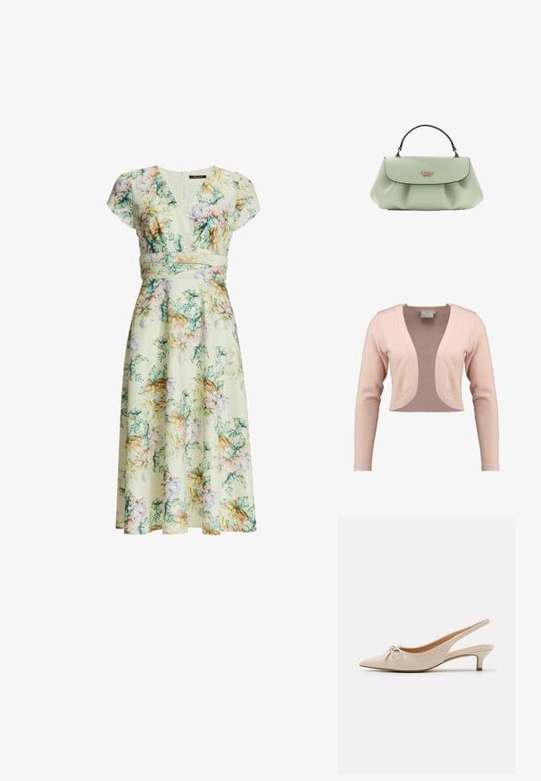 Cardigan court en tricot rose doux, présentant un décolleté en V profond et des manches longues, avec une texture lisse et un design léger.; Robe midi fleurie avec manches courtes, col en V, taille cintrée et fleurs pastel dans des tons verts, roses, violets et beiges sur fond crème.; Escarpins slingback en cuir verni beige avec un bout pointu et un nœud décoratif sur le devant. Comprennent un talon bas et fin ainsi qu'une texture lisse.; Sac à main en cuir vert clair avec un rabat supérieur incurvé, une poignée noire unique et un logo GUESS doré au centre avant.