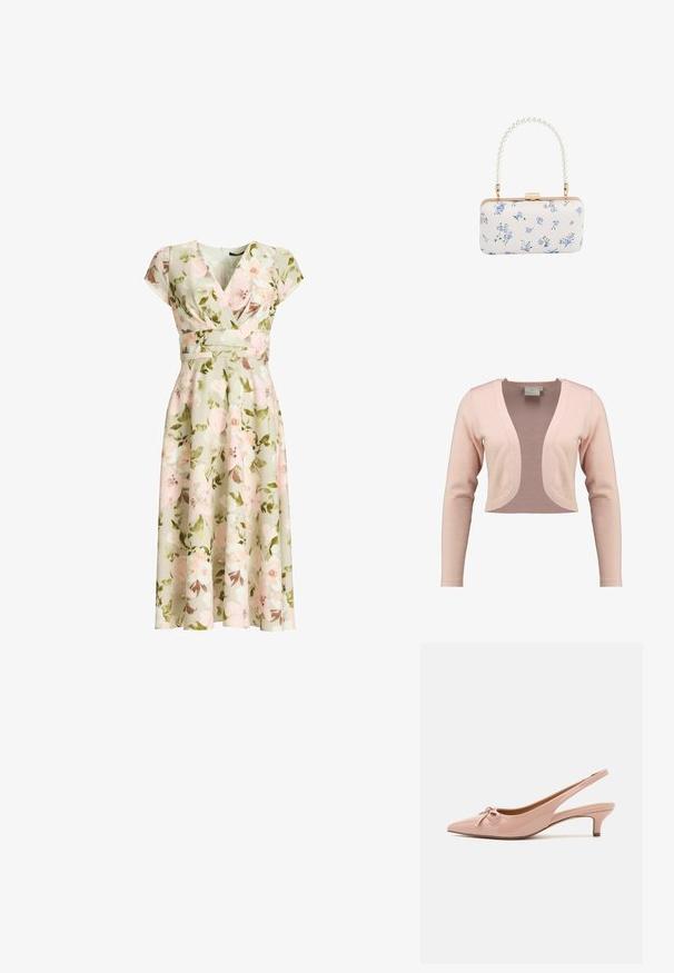 Afskåret cardigan i blød lyserød strik, med dyb V-hals og lange ærmer, i en glat tekstur og let design.; Grøn blomsterprint slå-om kjole med kapærmer, tætsiddende talje og A-formet midi nederdel med rosa og hvide blomster og grønne blade.; Patenteret pink slingback hæle med spids tå, sløjfedetalje foran og lav kittenhæl. Glat tekstur med en blank finish.; Hvid rektangulær clutch med blåt blomsterprint og perlebehandlet håndtag med guldfarvet hardware og lås.