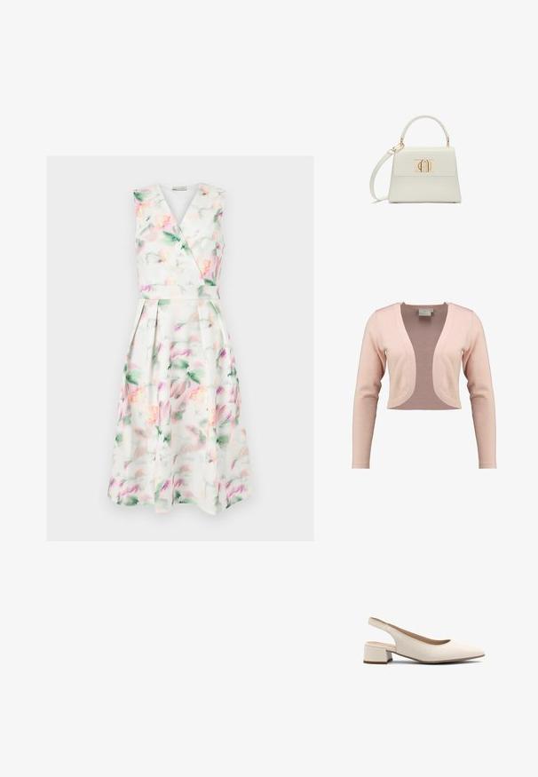 Afskåret cardigan i blød lyserød strik, med dyb V-hals og lange ærmer, i en glat tekstur og let design.; Ærmeløs hvid midi-kjole med pastel akvarelblomstret print, V-hals omslagsbodice, tætsiddende talje og plisseret nederdel.; Beige slingback hæle med spids tå, lav blokhæl og glat lædertekstur. Har udsparinger på siderne for åndbarhed.; Lille hvid håndtaske med topgreb, aftagelig skulderrem og guld rektangulært spænde på frontklap.