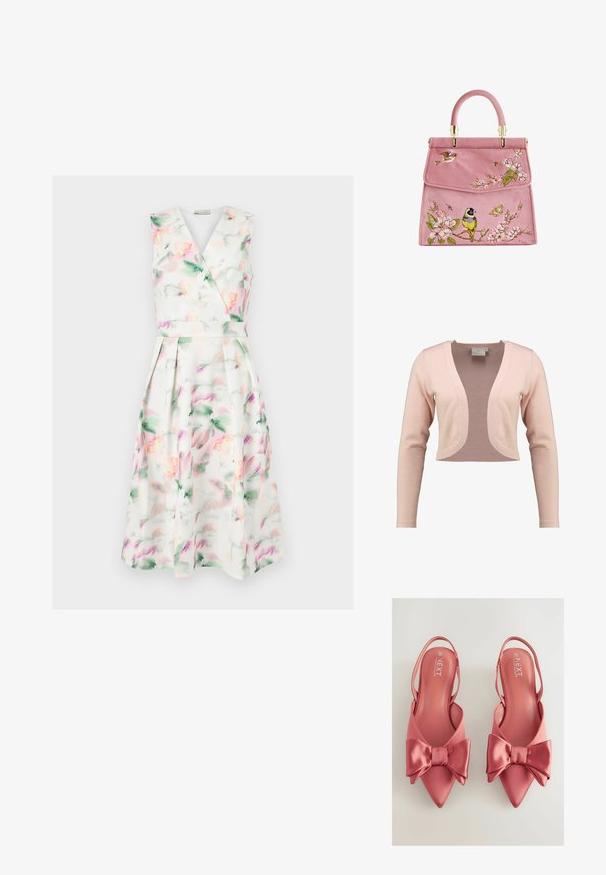 Afskåret cardigan i blød lyserød strik, med dyb V-hals og lange ærmer, i en glat tekstur og let design.; Ærmeløs hvid midi-kjole med pastel akvarelblomstret print, V-hals omslagsbodice, tætsiddende talje og plisseret nederdel.; Lyserøde satin slingback-sko med spids tå og stort bånddetalje foran. Glat tekstur og åbent hældesign.; Lyserød ruskinds håndtaske med blomsterbroderi, der har fugle og sommerfugle. Guldfarvet hardware og rund top-håndtag. Elegant klaplukning.