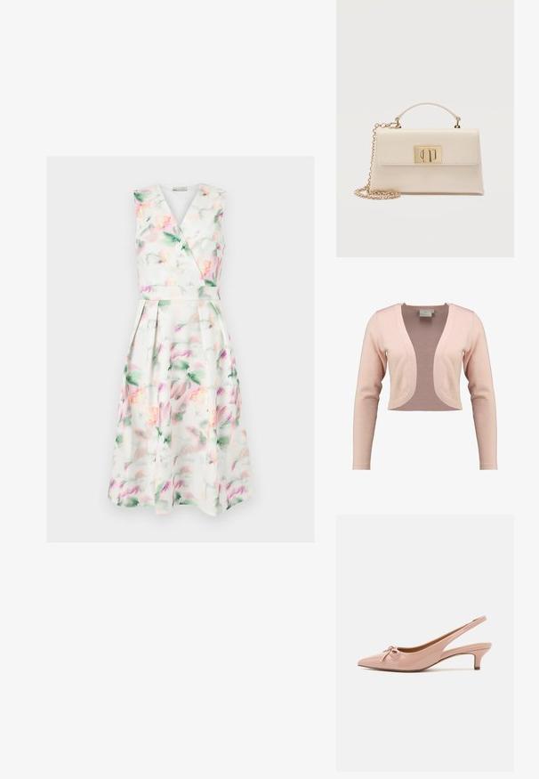 Cardigan court en tricot rose doux, présentant un décolleté en V profond et des manches longues, avec une texture lisse et un design léger.; Robe midi blanche sans manches avec imprimé floral aquarelle pastel, corsage cache-cœur en V, taille cintrée et jupe plissée.; Escarpins à talon slingback en cuir verni rose pâle avec un bout pointu, un détail en nœud à l'avant, et un petit talon. Texture lisse avec une finition brillante.; Sac à main en cuir crème avec poignée supérieure, bandoulière à chaîne dorée et fermoir rectangulaire doré sur le rabat avant.