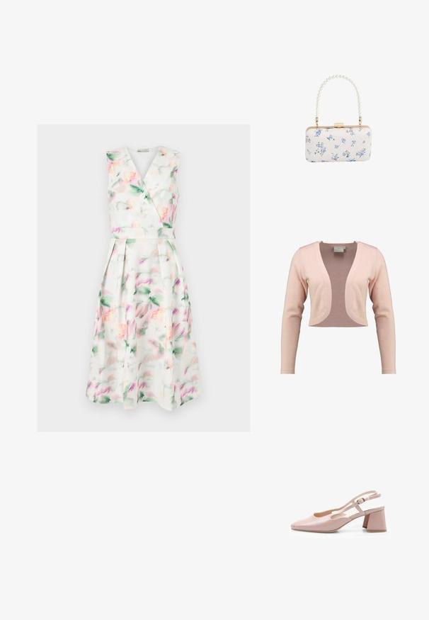 Cárdigan recortado en suave punto rosa claro, con un escote en V profundo y mangas largas, con una textura suave y un diseño ligero.; Vestido midi blanco sin mangas con estampado floral en acuarela en tonos pastel, cuerpo cruzado con escote en V, cintura ceñida y falda plisada.; Zapato de charol rosa con talón abierto, punta cuadrada, correa ajustable y tacón cuadrado. Superficie suave y diseño minimalista.; Clutch rectangular blanca con patrón floral azul y asa con cuentas de perlas, herrajes en tono dorado y cierre con broche.