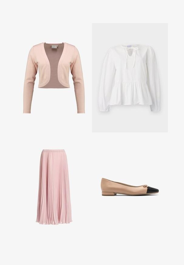 Cárdigan recortado en suave punto rosa claro, con un escote en V profundo y mangas largas, con una textura suave y un diseño ligero.; Blusa de algodón blanca con mangas largas, detalle de lazo en el escote y dobladillo peplum fruncido. Textura suave con un ajuste holgado.; Falda plisada de longitud media en rosa claro, con cintura elástica, hecha de tela fluida y ligera.; Bailarina de cuero beige con puntera negra y pequeño lazo en la parte delantera, con un tacón bajo para mayor comodidad.