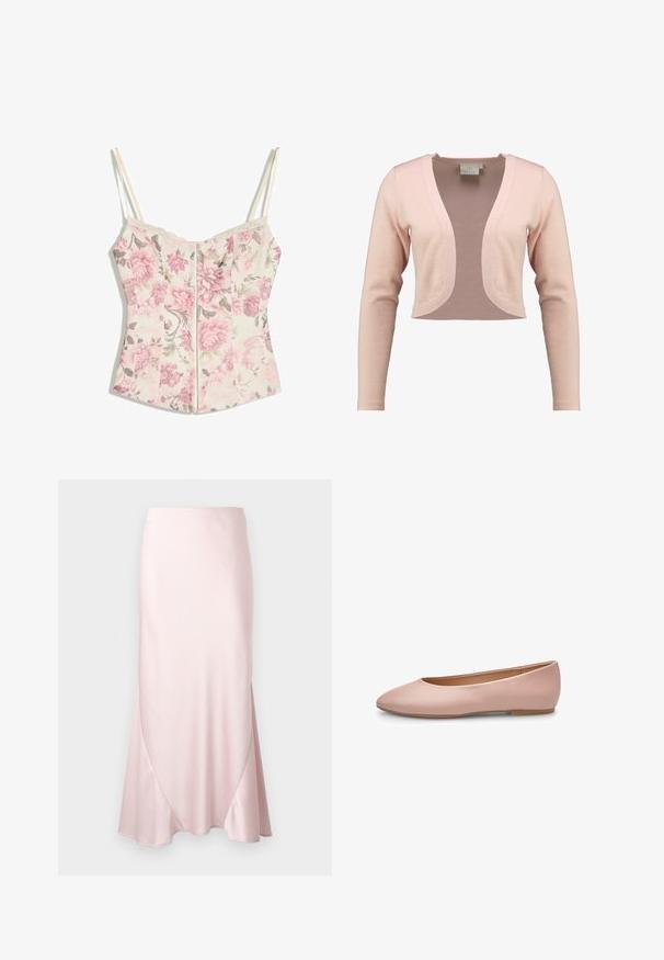 Cropped cardigan in soft pink knit, featuring a deep V-neck and long sleeves, with a smooth texture and lightweight design.; Floral corset-style top with pink flowers and green leaves on cream background, thin cream straps, and lace trim along the neckline.; Light pink satin midi skirt with an A-line silhouette and subtle diagonal seam details on a plain background.; Pink leather ballet flat with a pointed toe, smooth texture, minimal accents, and a solid light brown sole. Simple design, no embellishments.