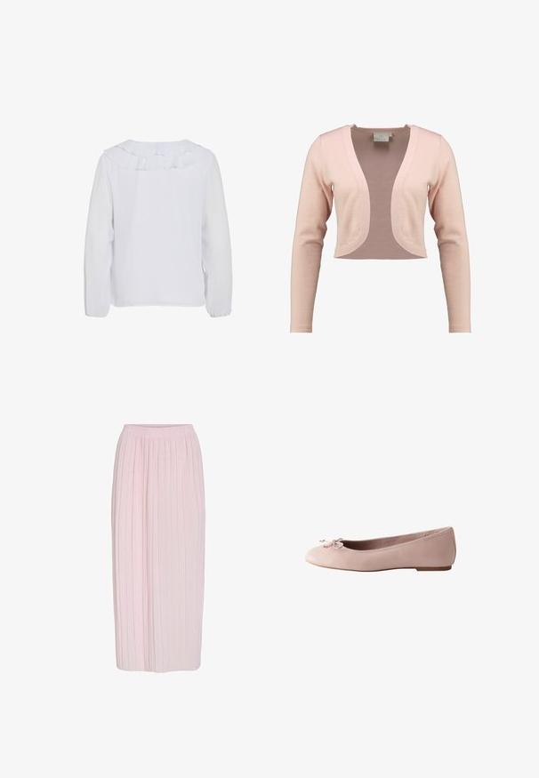 Geknipt vest in zachte roze brei, met een diepe V-hals en lange mouwen, met een gladde textuur en lichtgewicht ontwerp.; Witte blouse met lange mouwen en een ruches kraag, gladde textuur en elastische manchetten. Eenvoudig, schoon ontwerp dat geschikt is voor verschillende gelegenheden.; Lichtroze geplooide rok met een ontspannen tailleband en een lange, vloeiende silhouet. Glad textuur met subtiele streepjes voor extra detail.; Lichtroze platte ballerinaschoen met een klein strikje op de afgeronde neus en een lage hak, zijaanzicht.