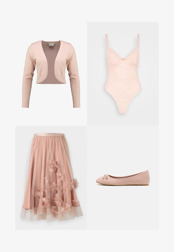Geknipt vest in zachte roze brei, met een diepe V-hals en lange mouwen, met een gladde textuur en lichtgewicht ontwerp.; IN THE STYLE LINGERIE BODYSUIT - Top - rosé; Tule rok in zachtroze met een satijnen tailleband. Voorzien van gelaagde doorschijnende stof en driedimensionale bloemapplicaties verspreid over het geheel.; Ballet flats van zacht rozenhuid-suède met een ronde neus en een klein strikdetail aan de voorkant, met een lage platte zool.