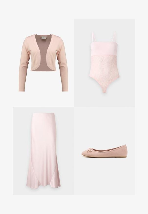 Geknipt vest in zachte roze brei, met een diepe V-hals en lange mouwen, met een gladde textuur en lichtgewicht ontwerp.; Lichtroze kanten body met spaghettibandjes en een gladde bovenkant tegen een effen lichte achtergrond.; Lichtroze satijnen midi-rok met een A-lijn silhouet en subtiele diagonale naaddetails op een effen achtergrond.; Ballet flats van zacht rozenhuid-suède met een ronde neus en een klein strikdetail aan de voorkant, met een lage platte zool.