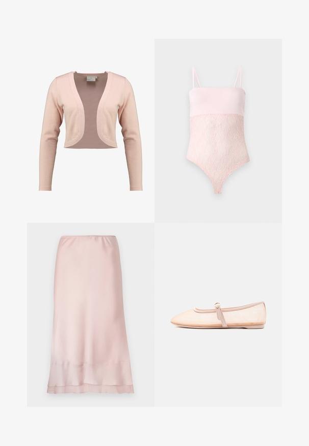 Cardigan court en tricot rose doux, présentant un décolleté en V profond et des manches longues, avec une texture lisse et un design léger.; Body en dentelle rose clair avec bretelles spaghetti et une partie supérieure lase sur un fond clair uni.; Jupe midi en satin rose clair avec taille élastique et détail de ourlet superposé, présentée sur un fond blanc uni.; Chaussure plate beige clair avec un bout pointu et une bride latérale avec boucle, présentée sur un fond blanc uni.