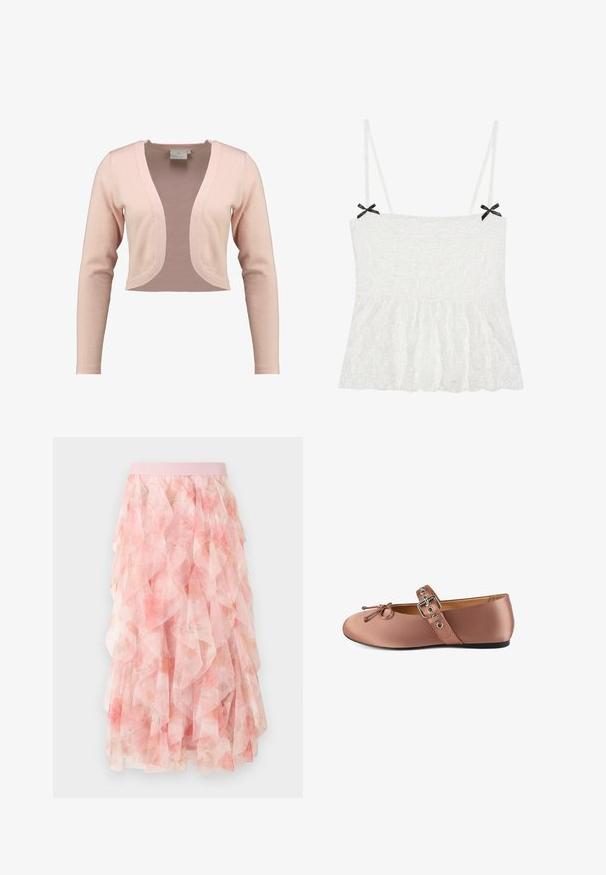 Cardigan court en tricot rose doux, présentant un décolleté en V profond et des manches longues, avec une texture lisse et un design léger.; Camisole en dentelle blanche avec des fines bretelles, ornée de nœuds noirs sur les épaules et d'un ourlet évasé pour un design féminin.; Jupe midi en tulle rose à couches avec motif floral et taille élastique, présentant des textures douces et volantées.; Ballet flats en satin rose avec bout rond, nœud décoratif et bride de cheville avec boucle en argent et œillets. Semelle plate noire.
