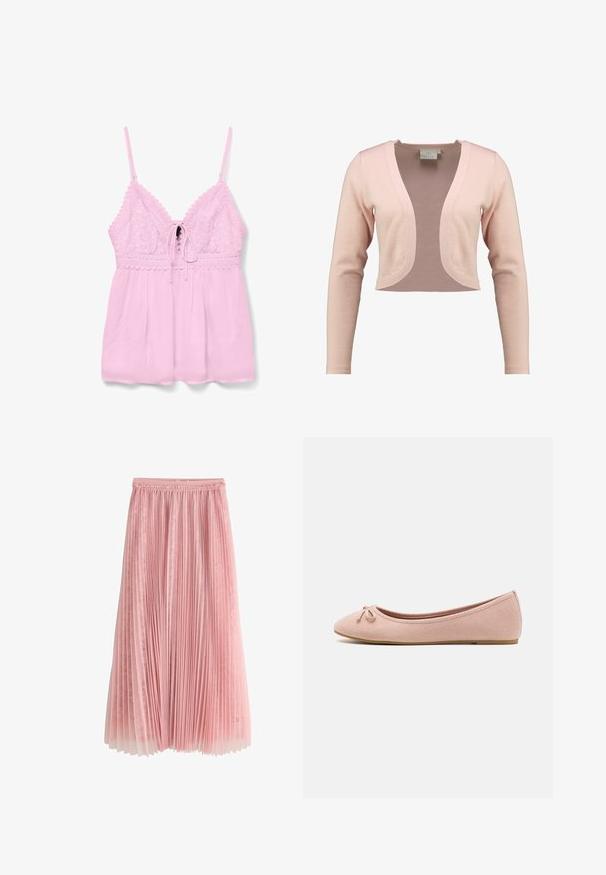 Afskåret cardigan i blød lyserød strik, med dyb V-hals og lange ærmer, i en glat tekstur og let design.; Lyserød camisole med blonderdetaljer, justerbare stropper, en knaplukning foran og en samlede design for en løs pasform.; Rosa plisseret midi-nederdel med et lag af blonder under og en rynket talje, vist på en hvid baggrund.; Ballet flats lavet af blødt lyserødt ruskind med en rund tå og en lille sløjfedetail foran, samt en lav flad sål.
