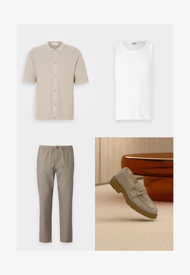 Cardigan en tricot beige à manches courtes avec un motif texturé, fermeture à boutons sur le devant, et col et ourlet côtelés. Se compose de cinq boutons dans une teinte assortie.; Débardeur en coton blanc sans manches avec un col rond et une texture lisse. Design simple, sans motifs ni accents.; Pantalons beiges avec une taille élastique, fermeture à cordon de serrage et une coupe droite. Le matériau a une texture subtile.; Mocassin en daim gris clair avec une semelle en caoutchouc marron épaisse, posé sur un tapis beige devant une table ronde marron floue.