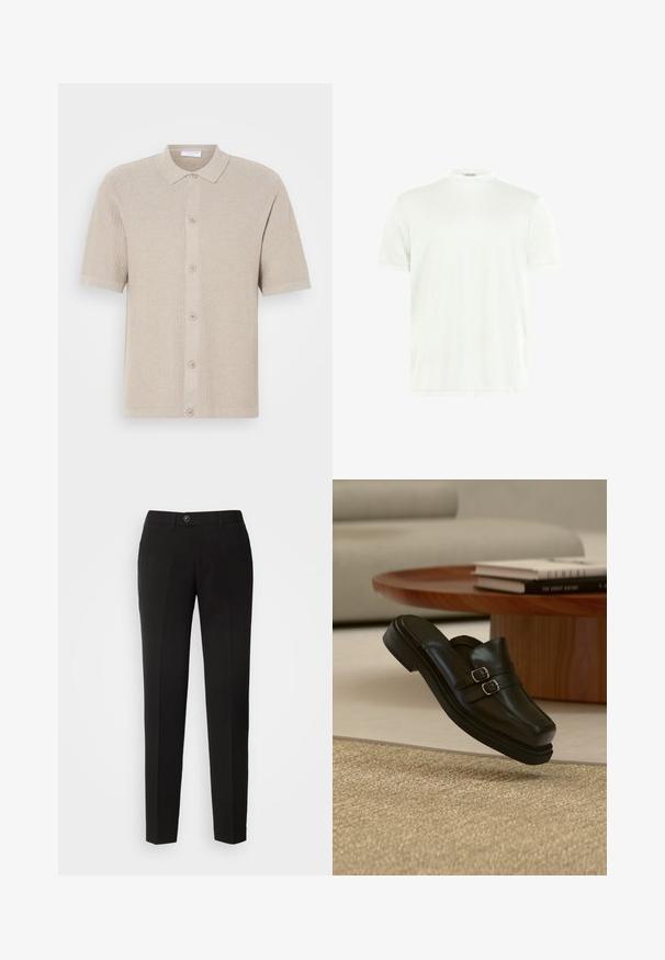 Cardigan en tricot beige à manches courtes avec un motif texturé, fermeture à boutons sur le devant, et col et ourlet côtelés. Se compose de cinq boutons dans une teinte assortie.; T-shirt blanc à col rond en tissu doux. Manches courtes, sans motifs. Design simple avec un ourlet droit et des détails minimalistes.; Pantalons droits noirs en tissu lisse, dotés d'une fermeture à bouton et de poches latérales avec un design classique.; Chaussure noire en cuir à enfiler avec double boucle argentée, présentée en suspension au-dessus d'un tapis beige texturé, près d'une table basse en bois et des livres.