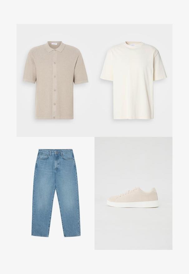 Cárdigan de punto de manga corta en color beige con un patrón texturizado, cierre frontal de botones y cuello y dobladillo acanalados. Presenta cinco botones en un tono a juego.; Camiseta de cuello redondo de manga corta en color blanco roto, diseño unisex, exhibida sobre un fondo gris neutro.; Pantalones vaqueros de mezclilla azul claro con corte de pierna recta, diseño de cinco bolsillos y textura ligeramente desgastada. Cuentan con cierre de botón y cremallera.; Zapatillas de ante beige con suelas de goma blanca, puntera redondeada y seis ojales para los cordones. Textura suave con un diseño minimalista.